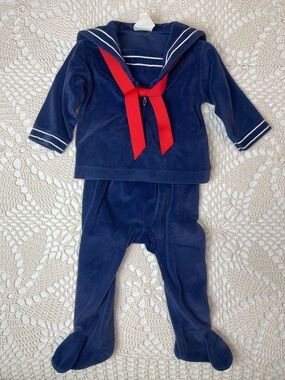 Vintage 1980s Baby Gro Boys 6 Months Navy Velour Nautical Footie Outfit
